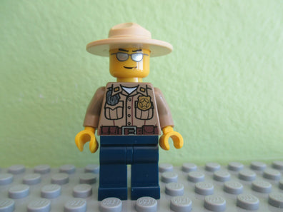 LEGO Minifigure-Forest Police - Dark Tan Shirt with Pockets, Radio and Gold Badge, Dark Blue Legs, Campaign Hat, Silver Sunglasses-Town / City / Police-CTY260-Creative Brick Builders